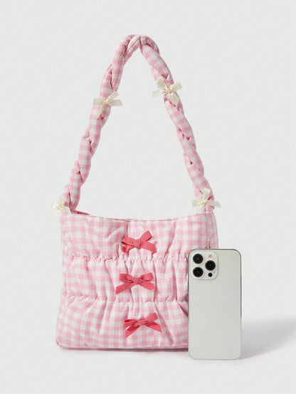 ROMWE Kawaii Bolso cruzado con cuerda de cordón y decoración de moño a cuadros lindo para mujeres