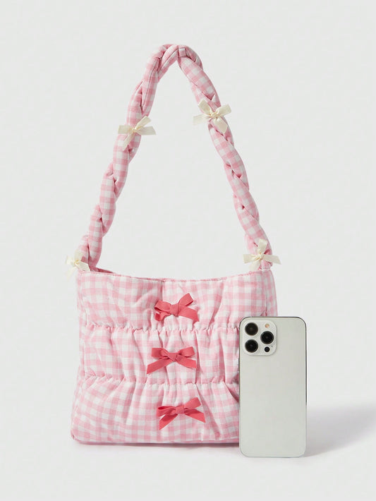 ROMWE Kawaii Bolso cruzado con cuerda de cordón y decoración de moño a cuadros lindo para mujeres