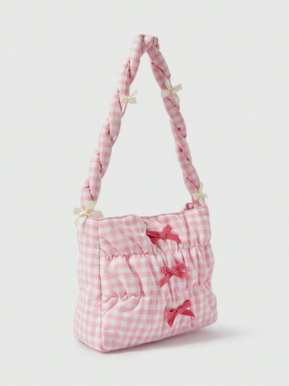 ROMWE Kawaii Bolso cruzado con cuerda de cordón y decoración de moño a cuadros lindo para mujeres