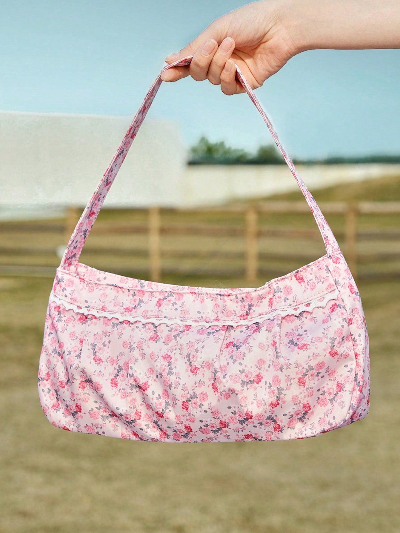 ROMWE Kawaii Bolso de hombro casual con estampado floral para mujeres