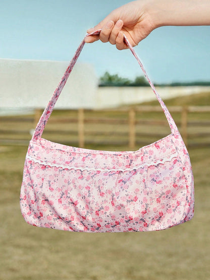 ROMWE Kawaii Bolso de hombro casual con estampado floral para mujeres
