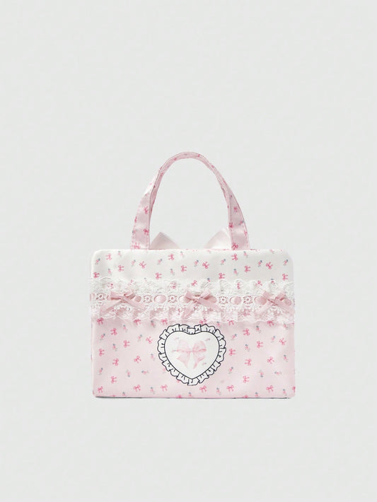 ROMWE Kawaii Bolso organizador de maquillaje portátil de gran capacidad con decoración de mariposas y encaje blanco con estilo femenino y adorable