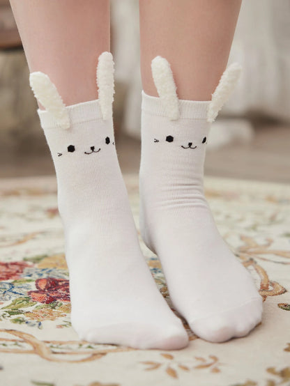 ROMWE Kawaii Calcetines de tripulación con estampado de dibujos animados con oreja de conejo