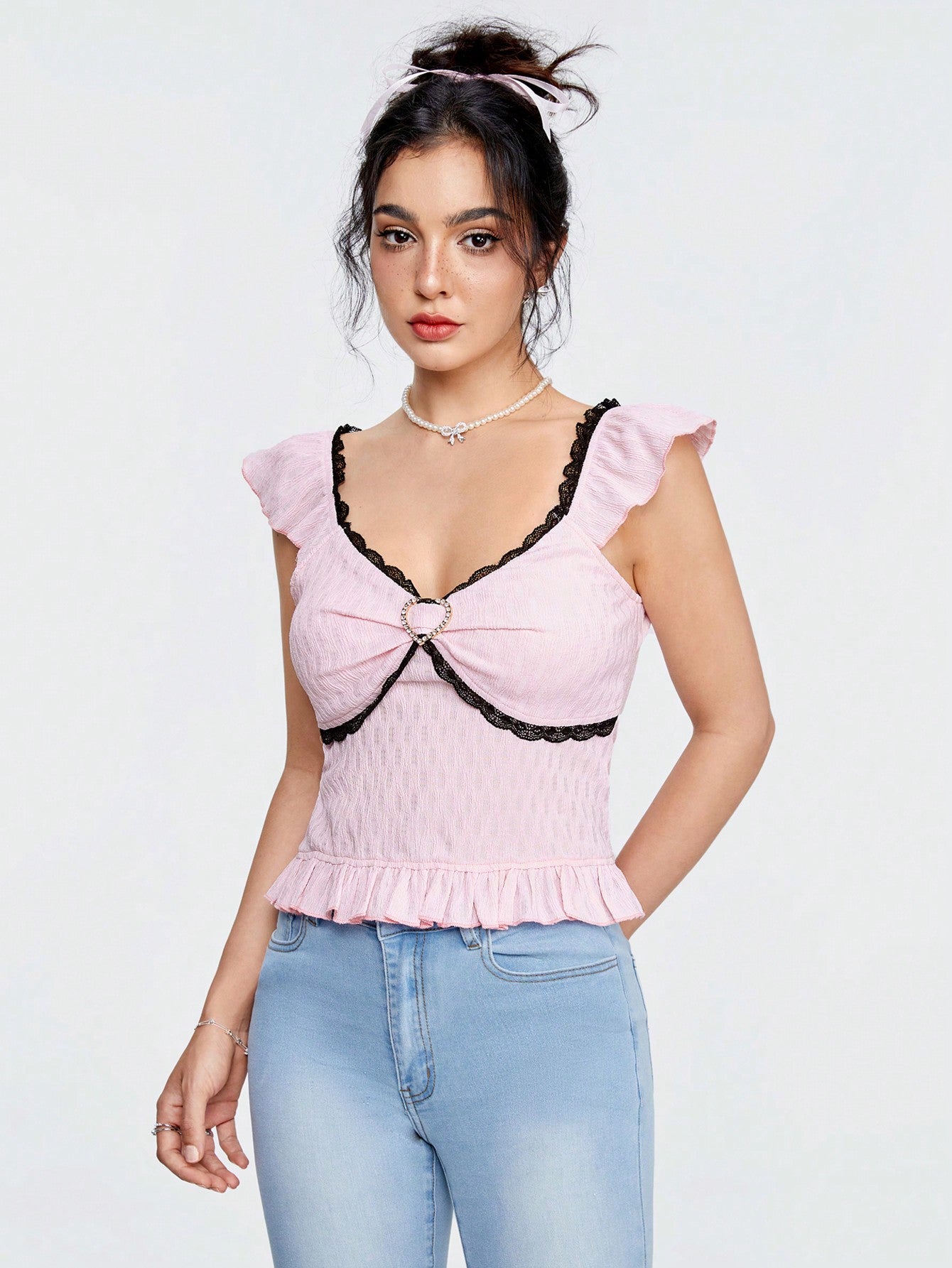 ROMWE Kawaii Camisa Negra De Mujer Con Corazón De Metal Y Borde De Encaje, De Tejido Texturizado