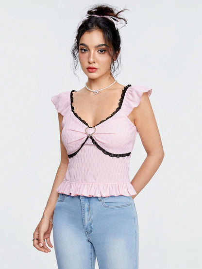 ROMWE Kawaii Camisa Negra De Mujer Con Corazón De Metal Y Borde De Encaje, De Tejido Texturizado