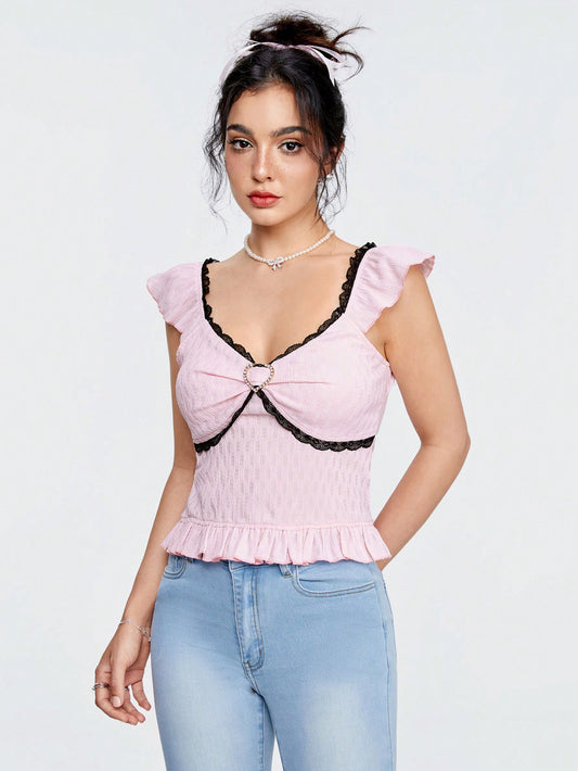 ROMWE Kawaii Camisa Negra De Mujer Con Corazón De Metal Y Borde De Encaje, De Tejido Texturizado