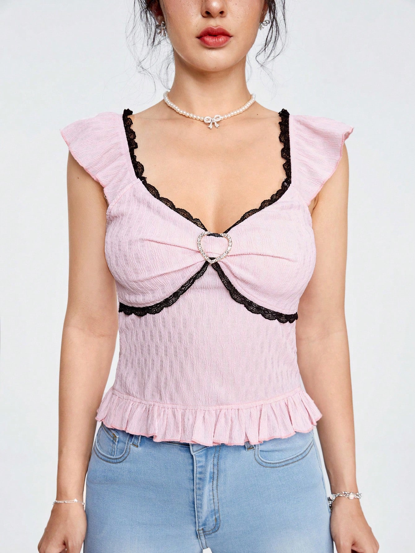 ROMWE Kawaii Camisa Negra De Mujer Con Corazón De Metal Y Borde De Encaje, De Tejido Texturizado