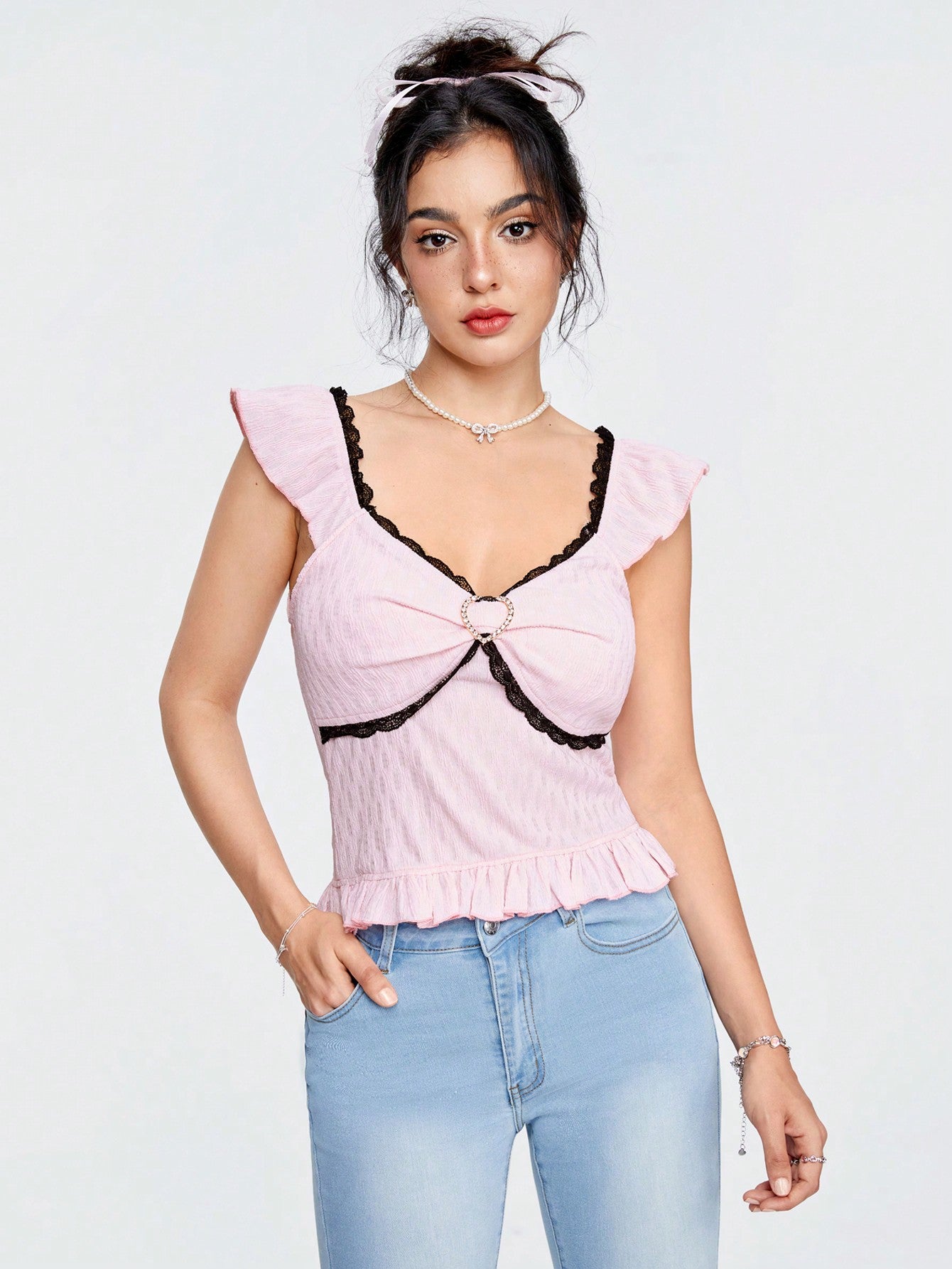 ROMWE Kawaii Camisa Negra De Mujer Con Corazón De Metal Y Borde De Encaje, De Tejido Texturizado