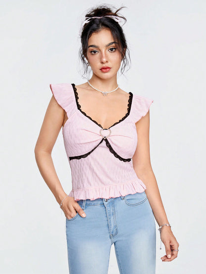 ROMWE Kawaii Camisa Negra De Mujer Con Corazón De Metal Y Borde De Encaje, De Tejido Texturizado