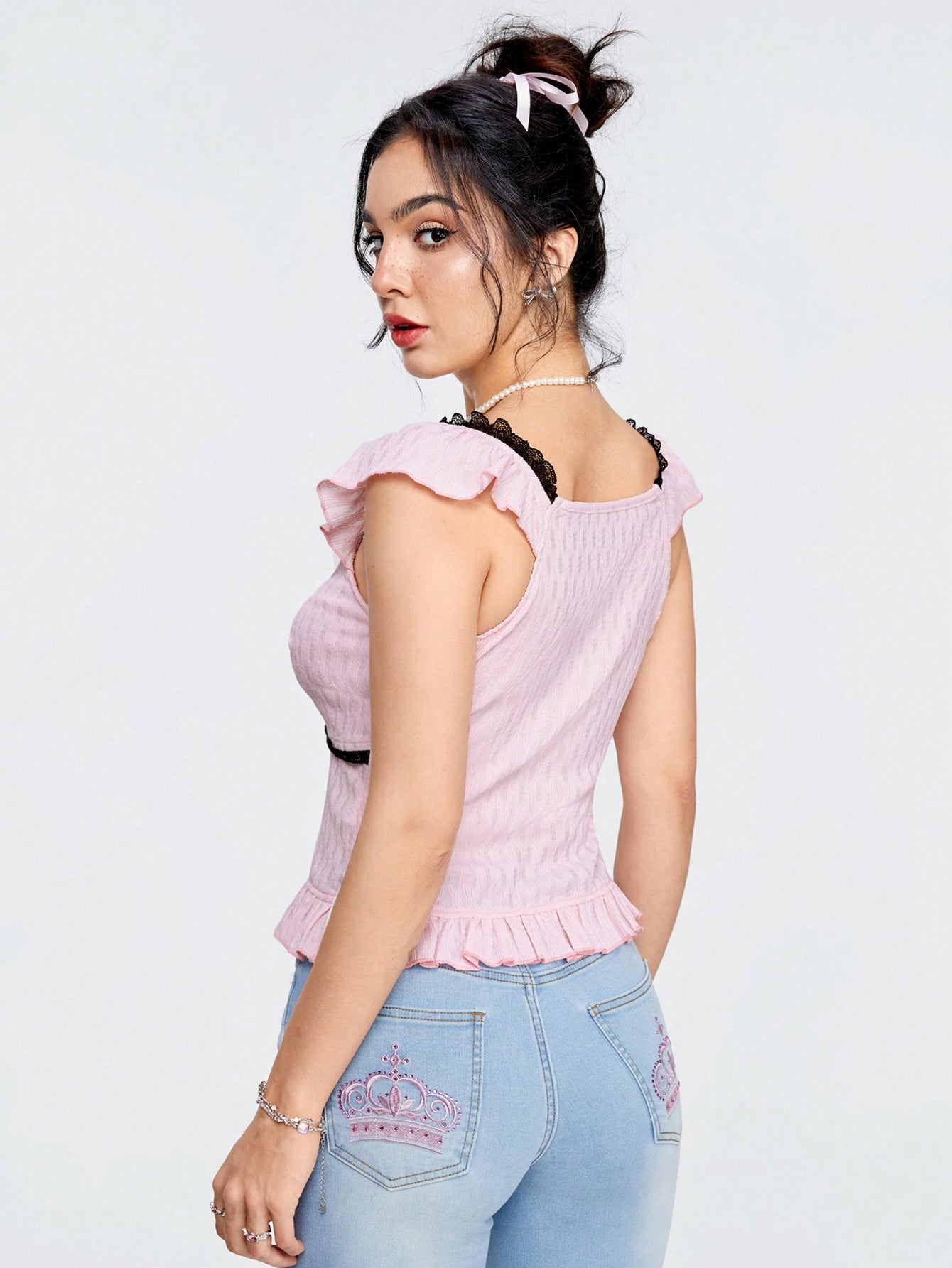 ROMWE Kawaii Camisa Negra De Mujer Con Corazón De Metal Y Borde De Encaje, De Tejido Texturizado