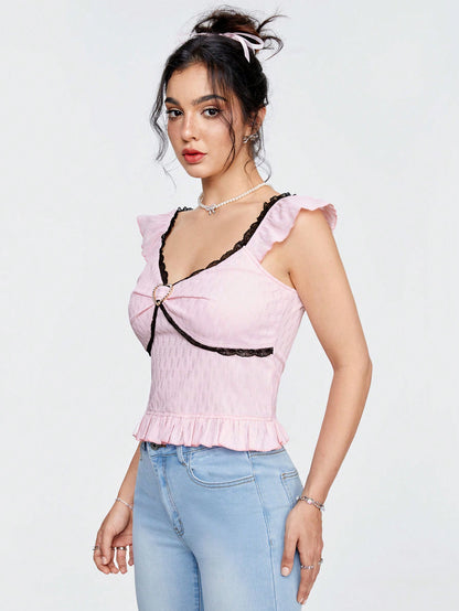 ROMWE Kawaii Camisa Negra De Mujer Con Corazón De Metal Y Borde De Encaje, De Tejido Texturizado