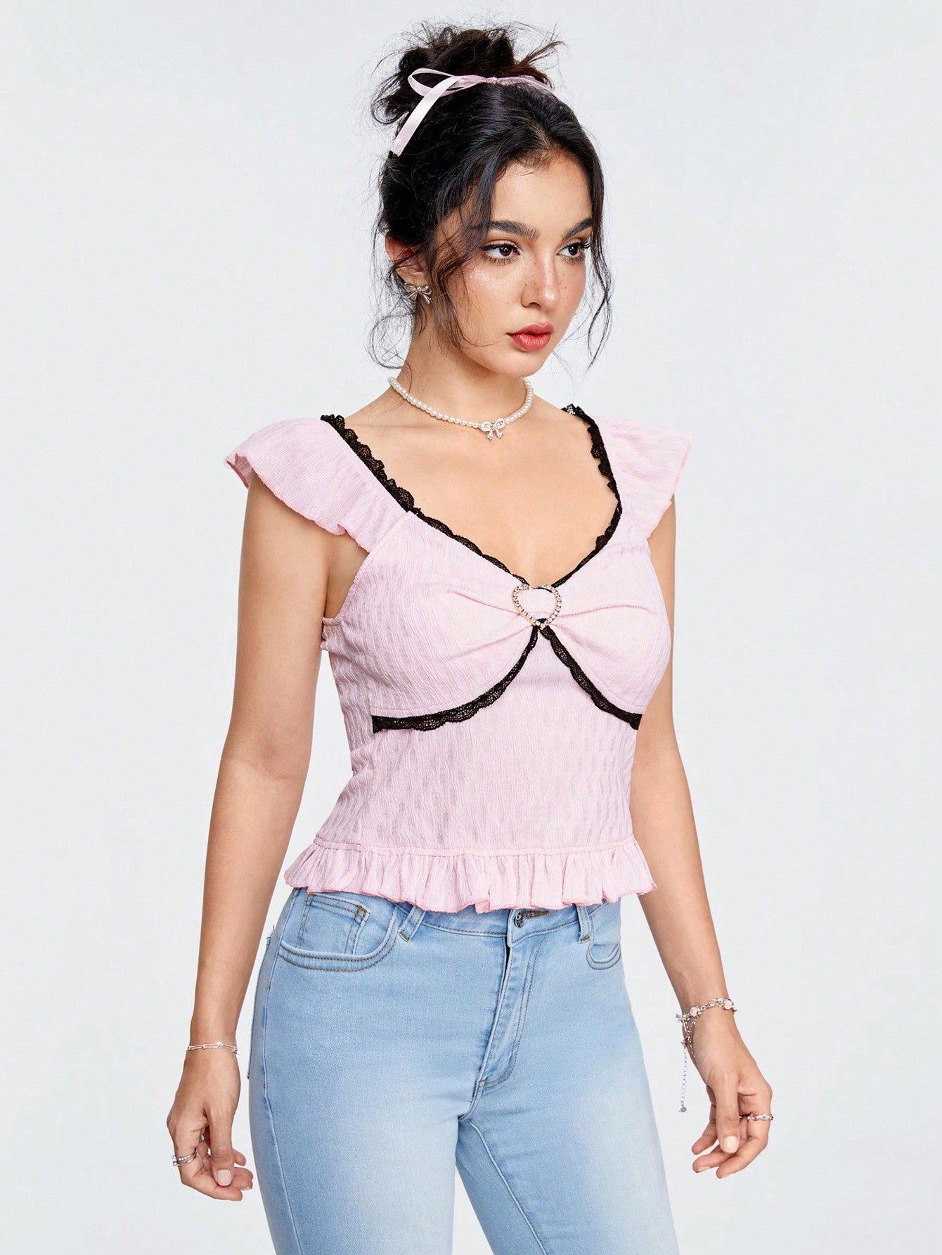 ROMWE Kawaii Camisa Negra De Mujer Con Corazón De Metal Y Borde De Encaje, De Tejido Texturizado