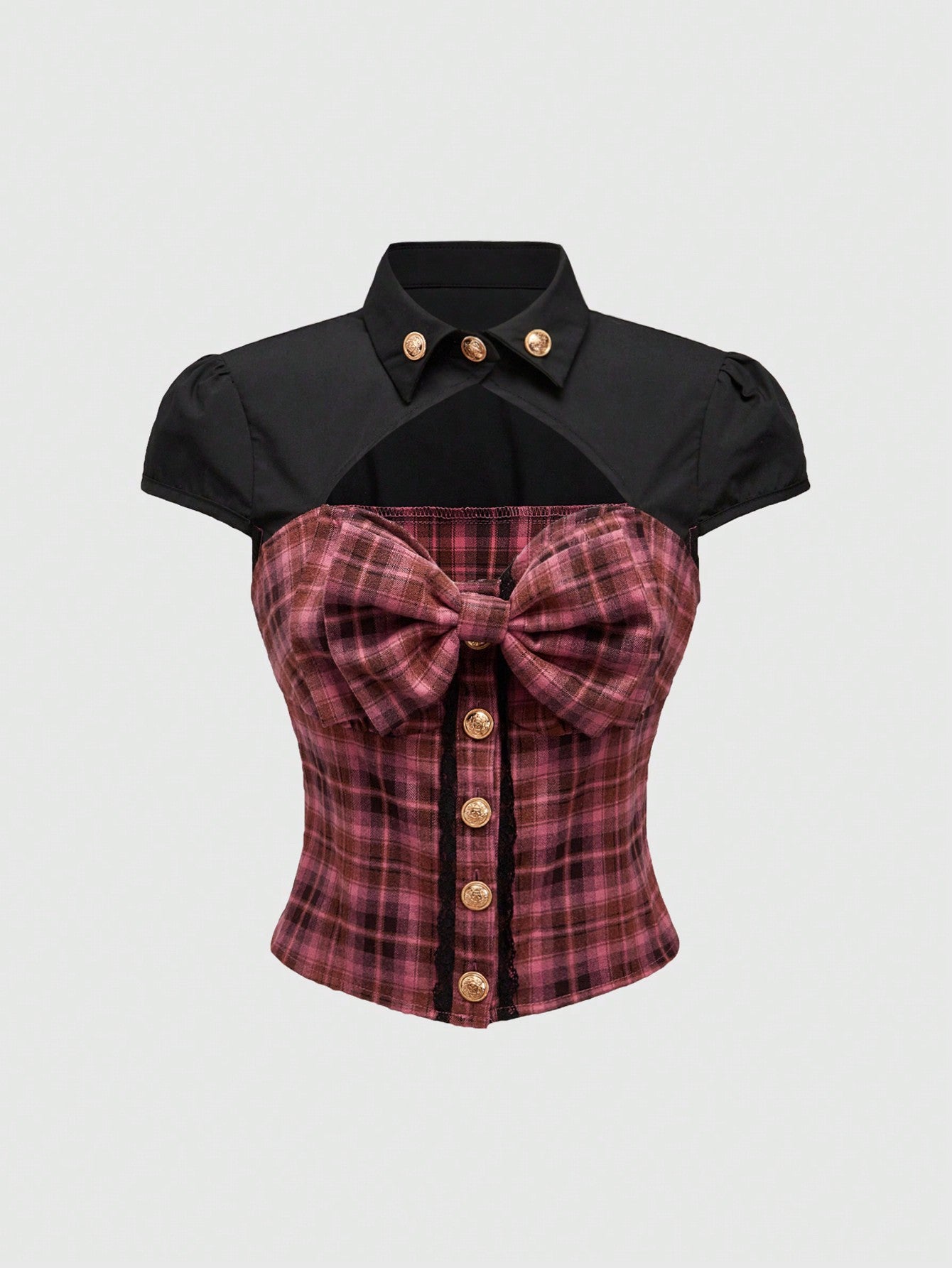 ROMWE Kawaii Camisa con decoración de metal hueco con estampado a cuadros rosa en estilo patchwork, subcultura retro Y2K Harajuku para mujer