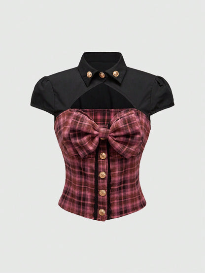 ROMWE Kawaii Camisa con decoración de metal hueco con estampado a cuadros rosa en estilo patchwork, subcultura retro Y2K Harajuku para mujer