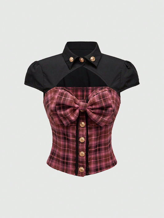 ROMWE Kawaii Camisa con decoración de metal hueco con estampado a cuadros rosa en estilo patchwork, subcultura retro Y2K Harajuku para mujer