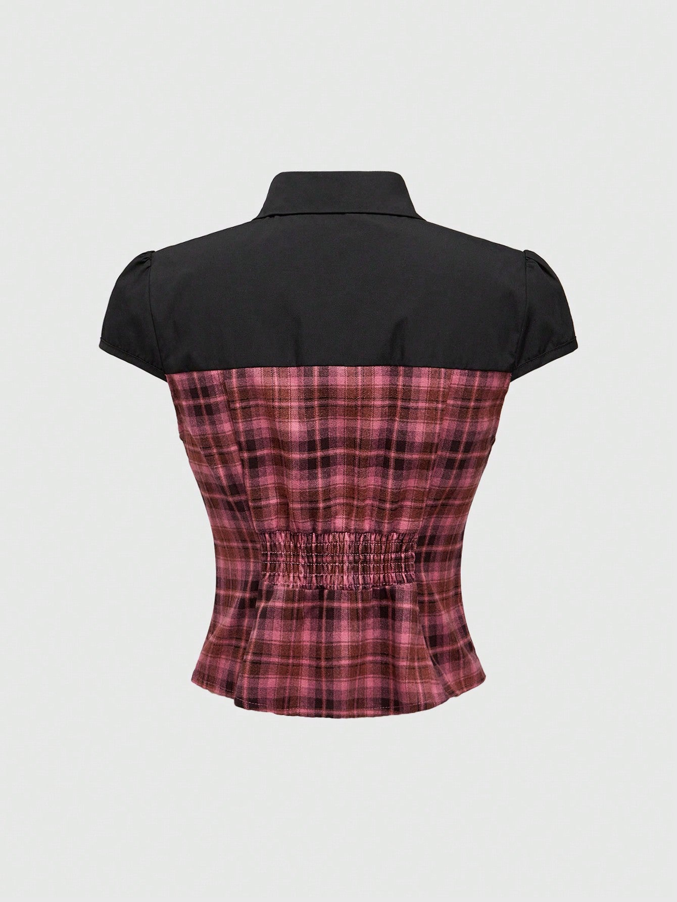 ROMWE Kawaii Camisa con decoración de metal hueco con estampado a cuadros rosa en estilo patchwork, subcultura retro Y2K Harajuku para mujer