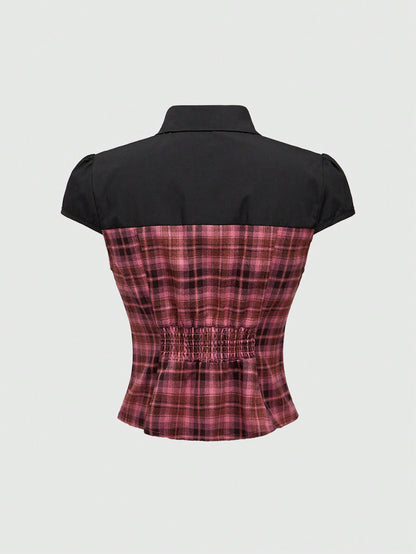 ROMWE Kawaii Camisa con decoración de metal hueco con estampado a cuadros rosa en estilo patchwork, subcultura retro Y2K Harajuku para mujer