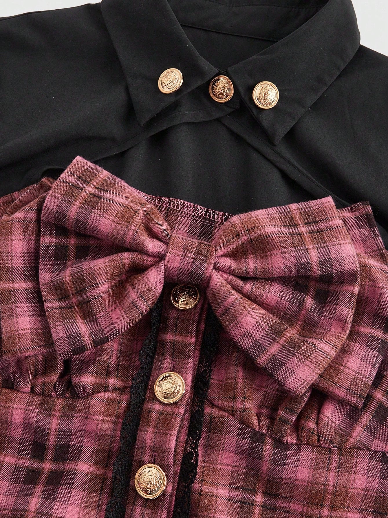 ROMWE Kawaii Camisa con decoración de metal hueco con estampado a cuadros rosa en estilo patchwork, subcultura retro Y2K Harajuku para mujer