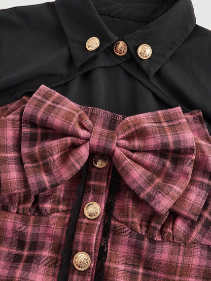 ROMWE Kawaii Camisa con decoración de metal hueco con estampado a cuadros rosa en estilo patchwork, subcultura retro Y2K Harajuku para mujer