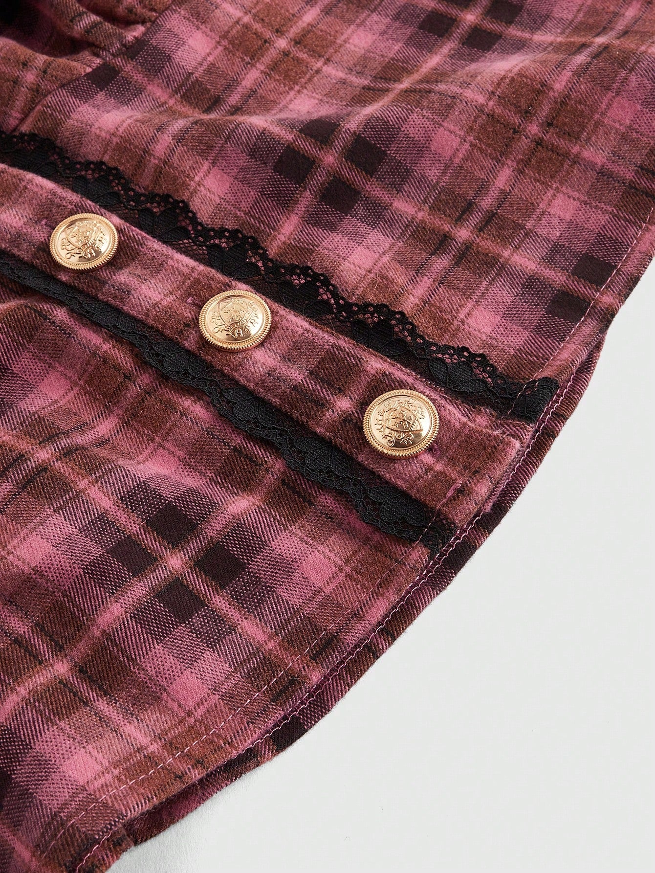 ROMWE Kawaii Camisa con decoración de metal hueco con estampado a cuadros rosa en estilo patchwork, subcultura retro Y2K Harajuku para mujer