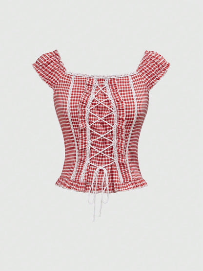 ROMWE Kawaii Camisa de mujer con cintura ajustable a cordón a cuadros, conjunto de verano