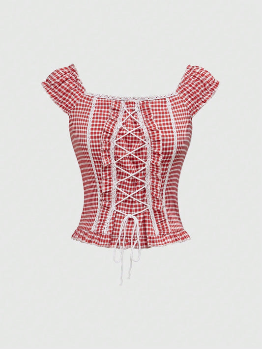 ROMWE Kawaii Camisa de mujer con cintura ajustable a cordón a cuadros, conjunto de verano