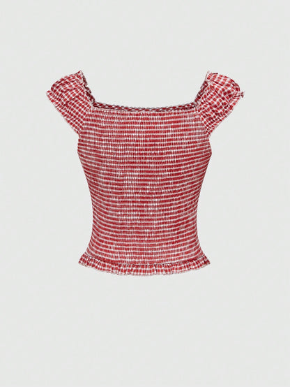 ROMWE Kawaii Camisa de mujer con cintura ajustable a cordón a cuadros, conjunto de verano