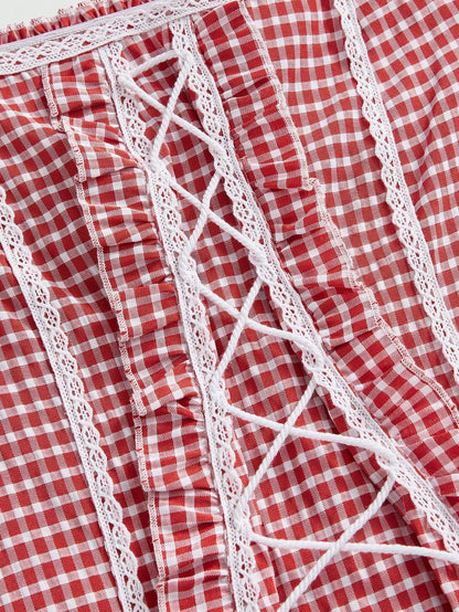 ROMWE Kawaii Camisa de mujer con cintura ajustable a cordón a cuadros, conjunto de verano