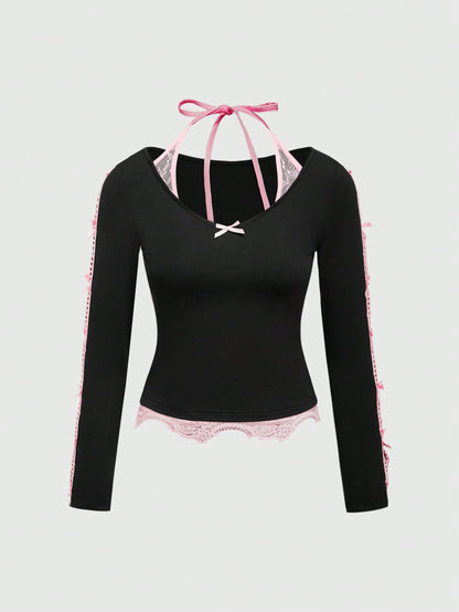 ROMWE Kawaii Camiseta 2 en 1 con lazo y recorte de estilo Y2K