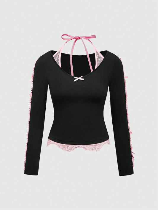 ROMWE Kawaii Camiseta 2 en 1 con lazo y recorte de estilo Y2K