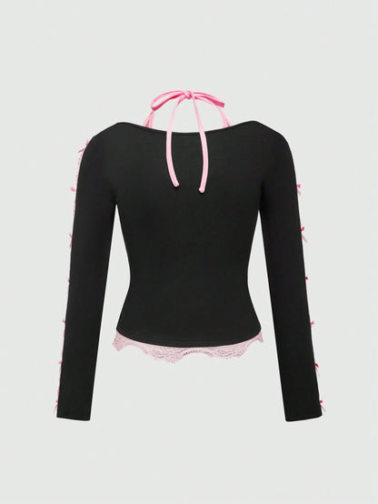 ROMWE Kawaii Camiseta 2 en 1 con lazo y recorte de estilo Y2K