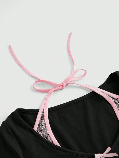 ROMWE Kawaii Camiseta 2 en 1 con lazo y recorte de estilo Y2K