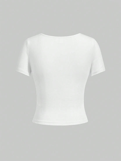ROMWE Kawaii Camiseta De Manga Corta Con Cuello En V Y Estampado De Conejito De Verano
