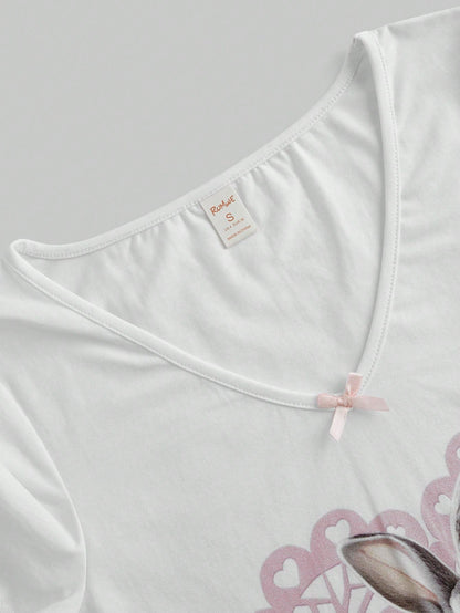 ROMWE Kawaii Camiseta De Manga Corta Con Cuello En V Y Estampado De Conejito De Verano