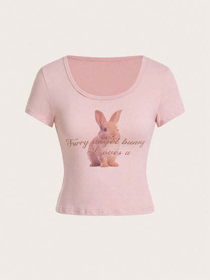 ROMWE Kawaii Camiseta De Manga Corta Para Mujer Con Estampado De Conejo Y Eslogan