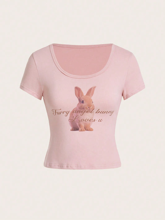 ROMWE Kawaii Camiseta De Manga Corta Para Mujer Con Estampado De Conejo Y Eslogan