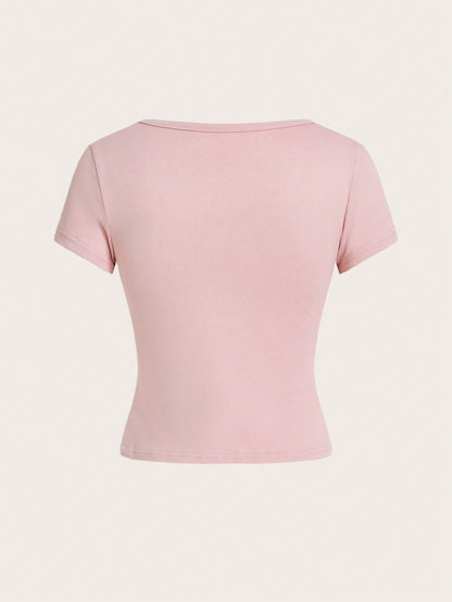 ROMWE Kawaii Camiseta De Manga Corta Para Mujer Con Estampado De Conejo Y Eslogan