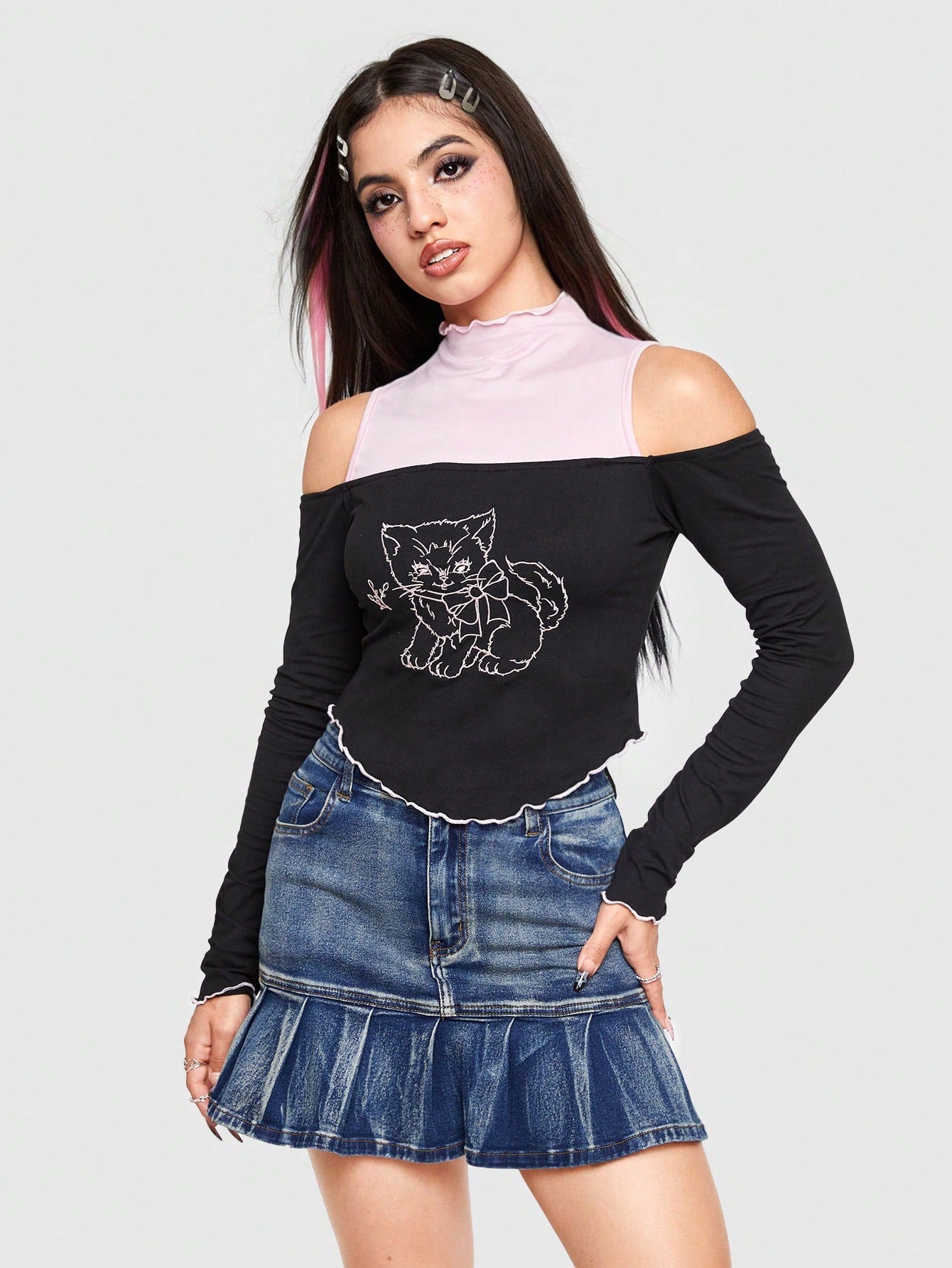 ROMWE Kawaii Camiseta De Mujer Con Estampado De Gato De Dibujos Animados, Recorte De Color Contrastante