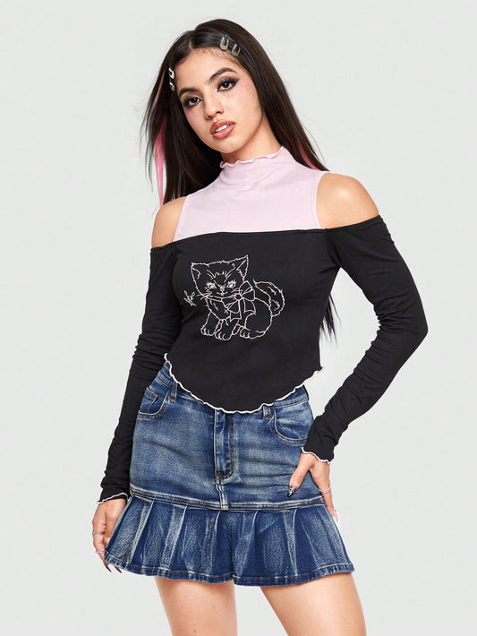 ROMWE Kawaii Camiseta De Mujer Con Estampado De Gato De Dibujos Animados, Recorte De Color Contrastante