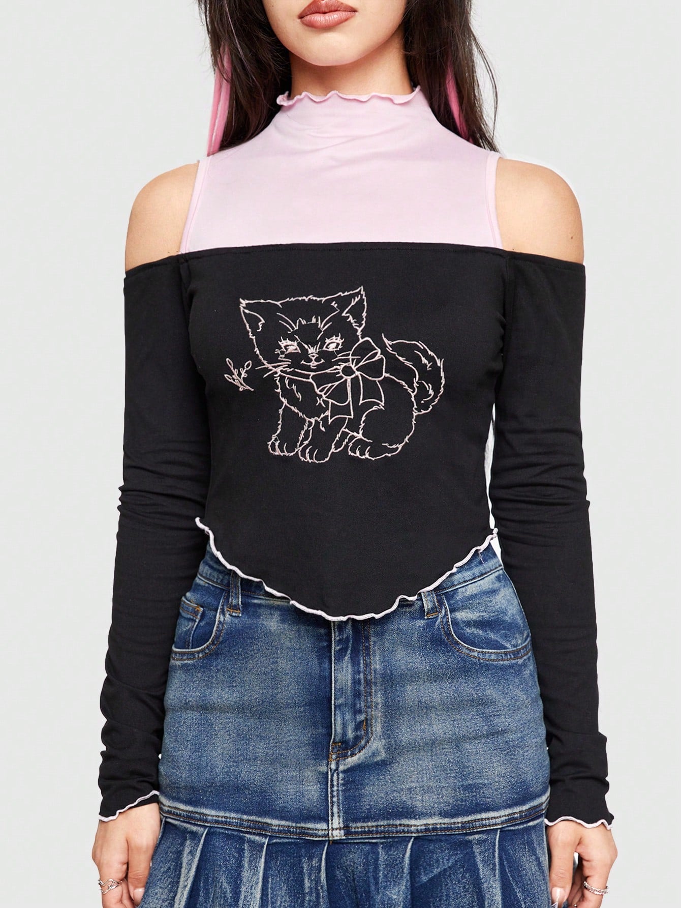 ROMWE Kawaii Camiseta De Mujer Con Estampado De Gato De Dibujos Animados, Recorte De Color Contrastante