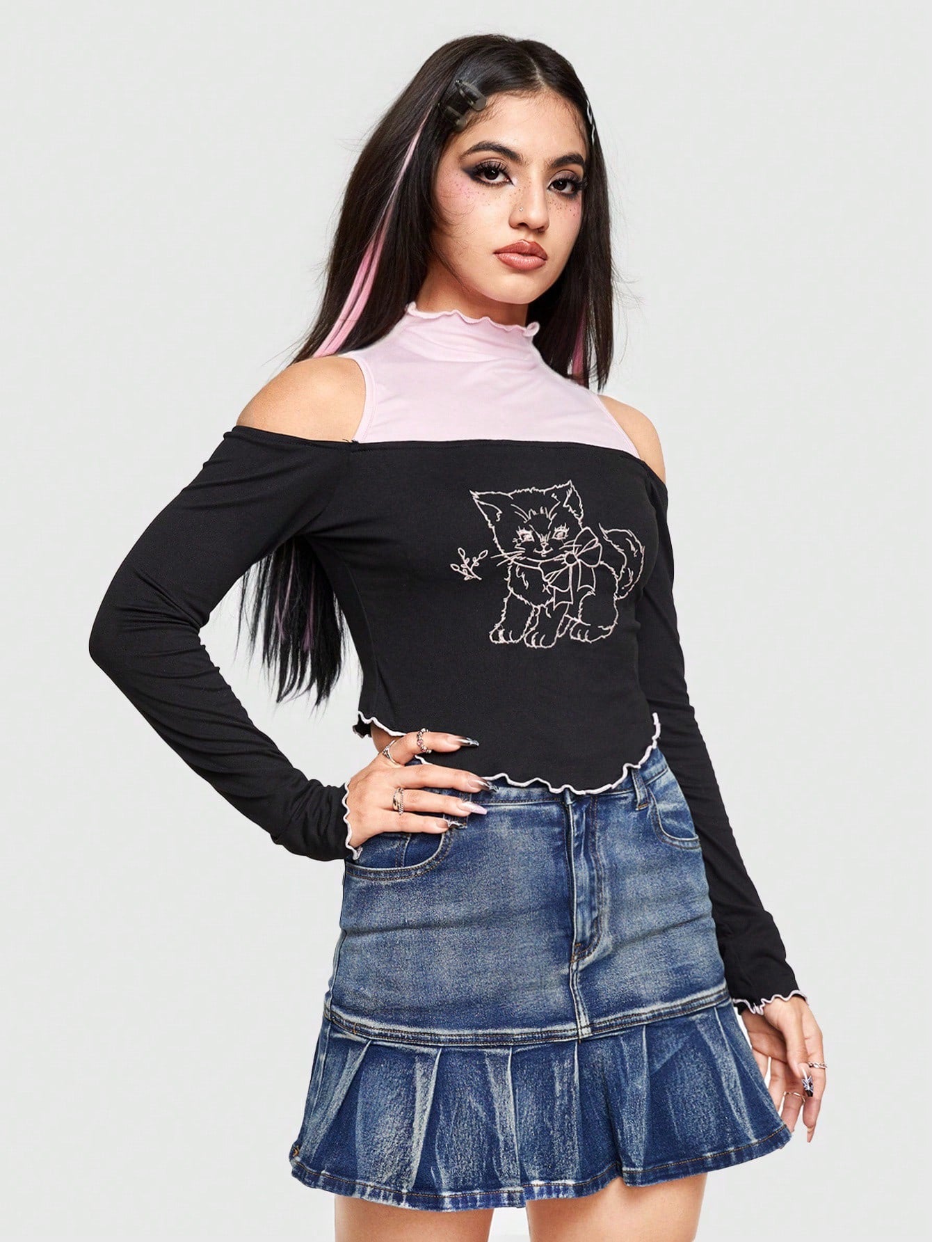 ROMWE Kawaii Camiseta De Mujer Con Estampado De Gato De Dibujos Animados, Recorte De Color Contrastante