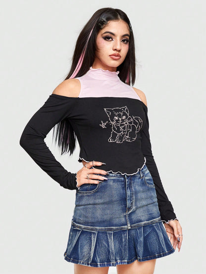 ROMWE Kawaii Camiseta De Mujer Con Estampado De Gato De Dibujos Animados, Recorte De Color Contrastante