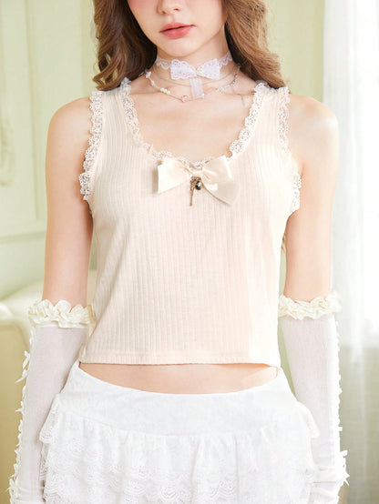 ROMWE Kawaii Camiseta De Tirantes Con Adornos De Lazo Y Encaje
