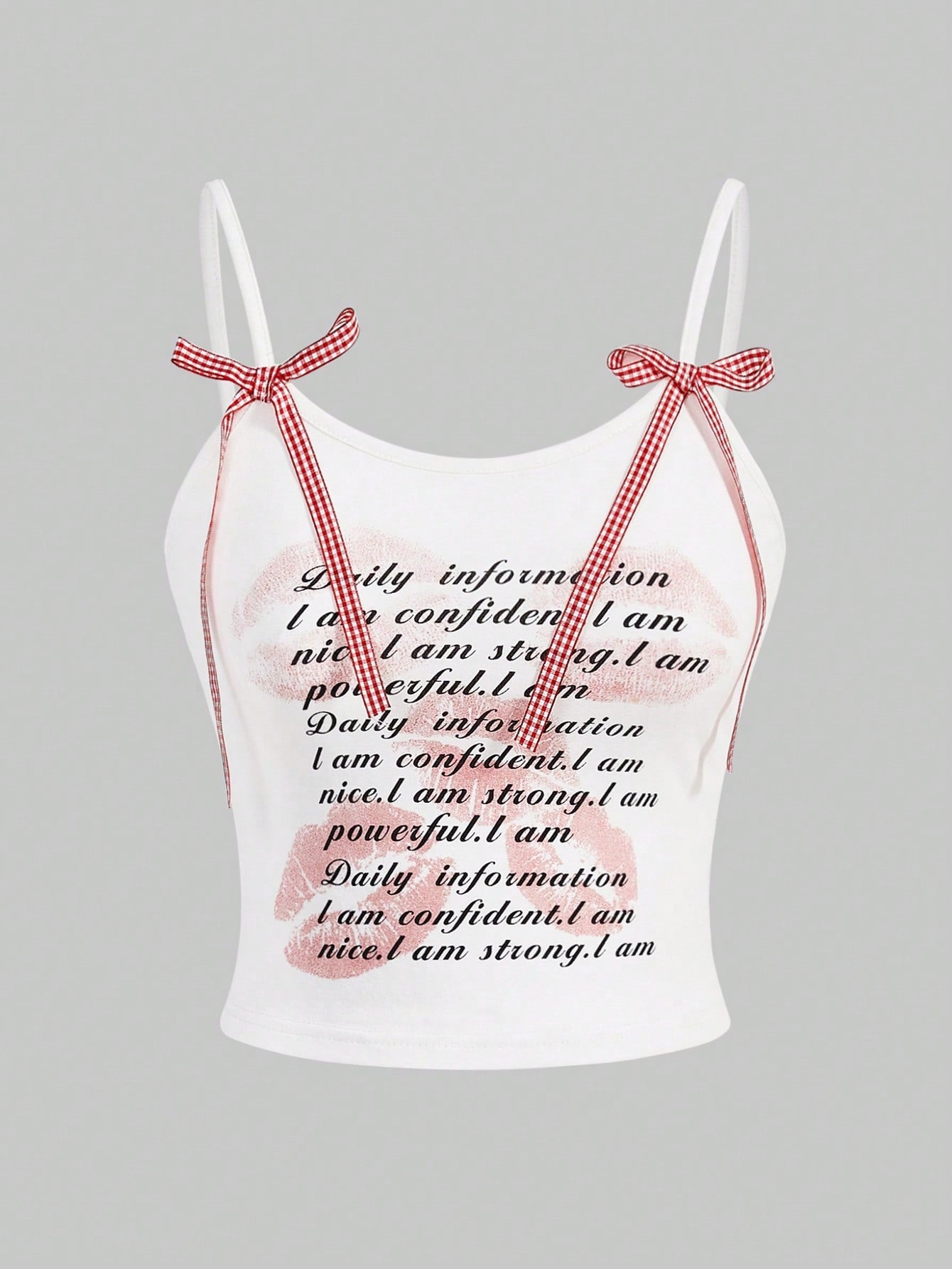 ROMWE Kawaii Camiseta De Tirantes Para Mujer Estampada Con Eslogan Y Decoración De Lazo