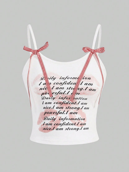 ROMWE Kawaii Camiseta De Tirantes Para Mujer Estampada Con Eslogan Y Decoración De Lazo