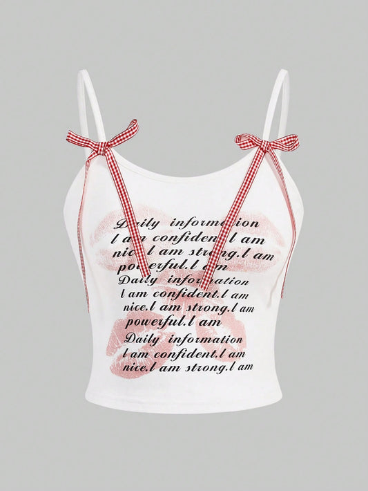 ROMWE Kawaii Camiseta De Tirantes Para Mujer Estampada Con Eslogan Y Decoración De Lazo