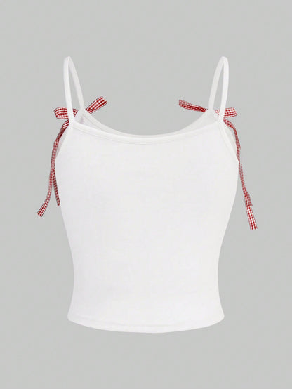 ROMWE Kawaii Camiseta De Tirantes Para Mujer Estampada Con Eslogan Y Decoración De Lazo