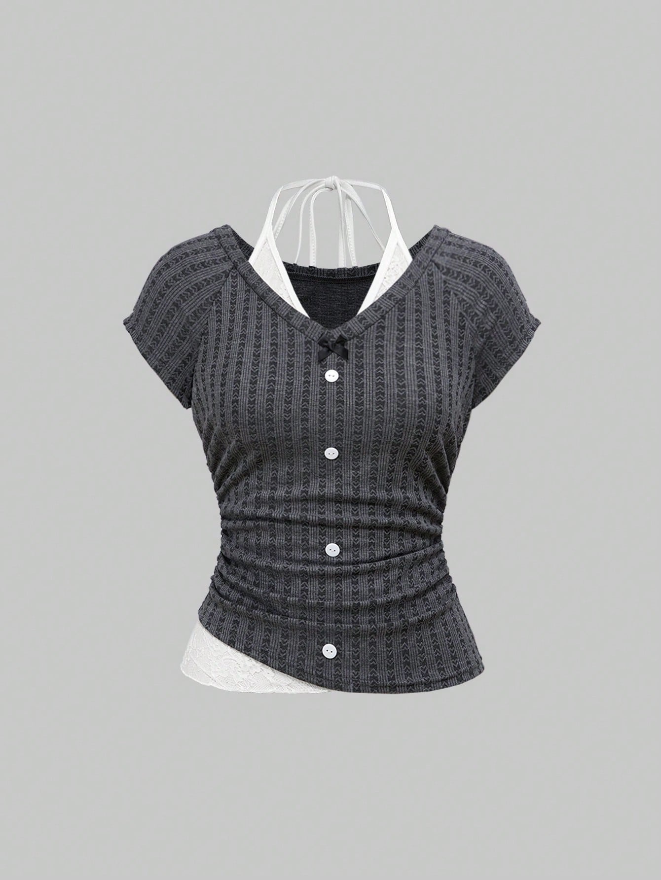ROMWE Kawaii Camiseta ajustada con volantes y lazo delantero de mujer, con detalles de encaje, contraste y textura acanalada en color gris y estampado floral