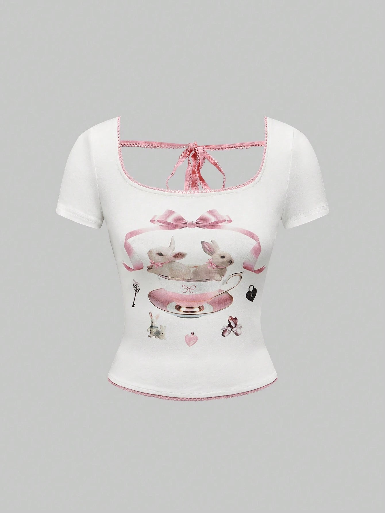 ROMWE Kawaii Camiseta ajustada de manga corta con cuello cuadrado y patrón de conejo Y2K para mujeres en moda de verano