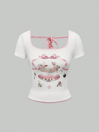 ROMWE Kawaii Camiseta ajustada de manga corta con cuello cuadrado y patrón de conejo Y2K para mujeres en moda de verano
